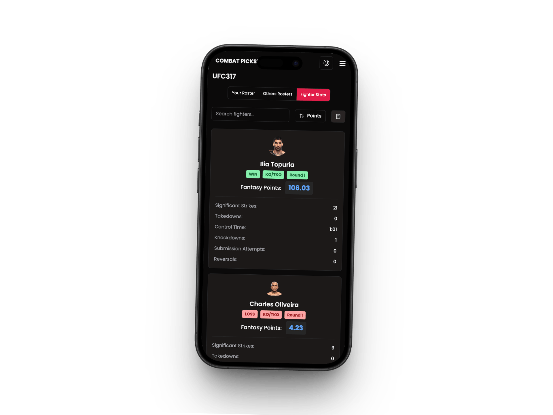 Fighter event stats screen